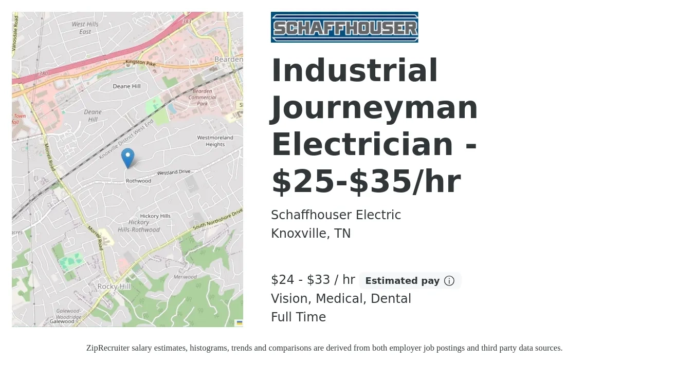 Schaffhouser Electric job posting for a Industrial Journeyman Electrician - $25-$35/hr in Knoxville, TN with a salary of $25 to $35 Hourly and benefits including dental, life_insurance, medical, retirement, and vision with a map of Knoxville location.
