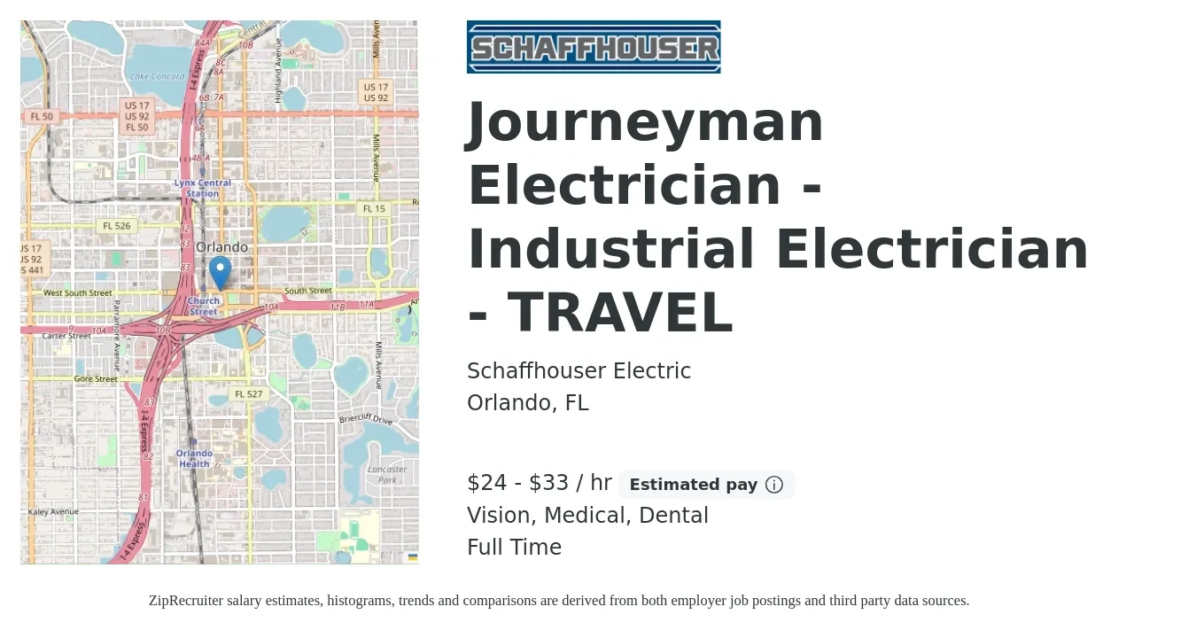 Schaffhouser Electric job posting for a Journeyman Electrician - Industrial Electrician - TRAVEL in Orlando, FL with a salary of $25 to $35 Hourly and benefits including medical, pto, retirement, vision, dental, and life_insurance with a map of Orlando location.