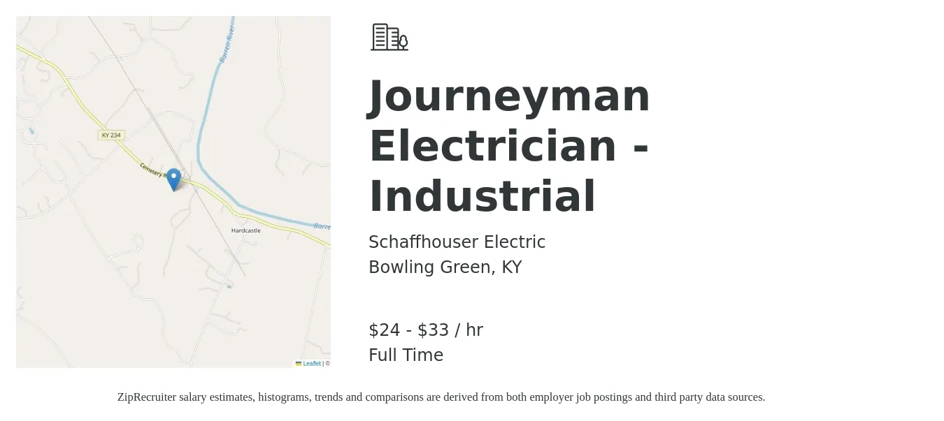 Schaffhouser Electric job posting for a Journeyman Electrician - Industrial in Bowling Green, KY with a salary of $25 to $35 Hourly with a map of Bowling Green location.
