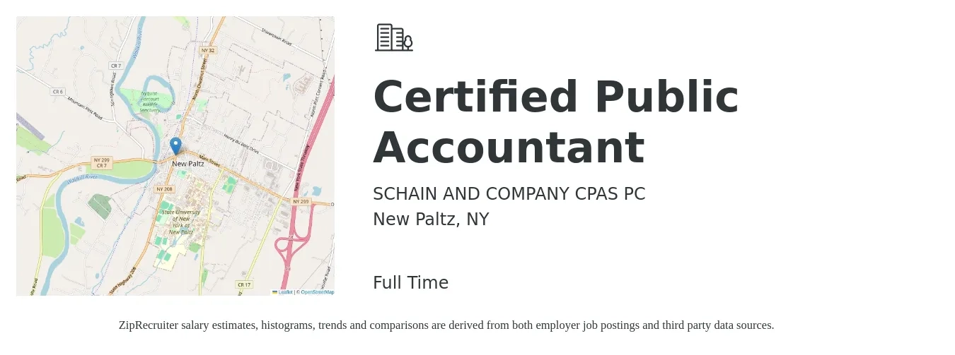 SCHAIN AND COMPANY CPAS PC job posting for a Certified Public Accountant in New Paltz, NY with a salary of $76,100 to $104,500 Yearly with a map of New Paltz location.