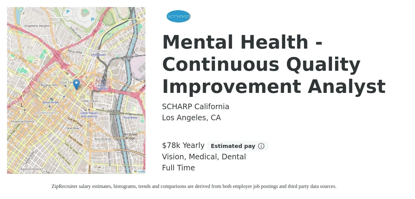 SCHARP California job posting for a Mental Health - Continuous Quality Improvement Analyst in Los Angeles, CA with a salary of $60,000 to $62,000 Yearly and benefits including dental, life_insurance, medical, retirement, and vision with a map of Los Angeles location.
