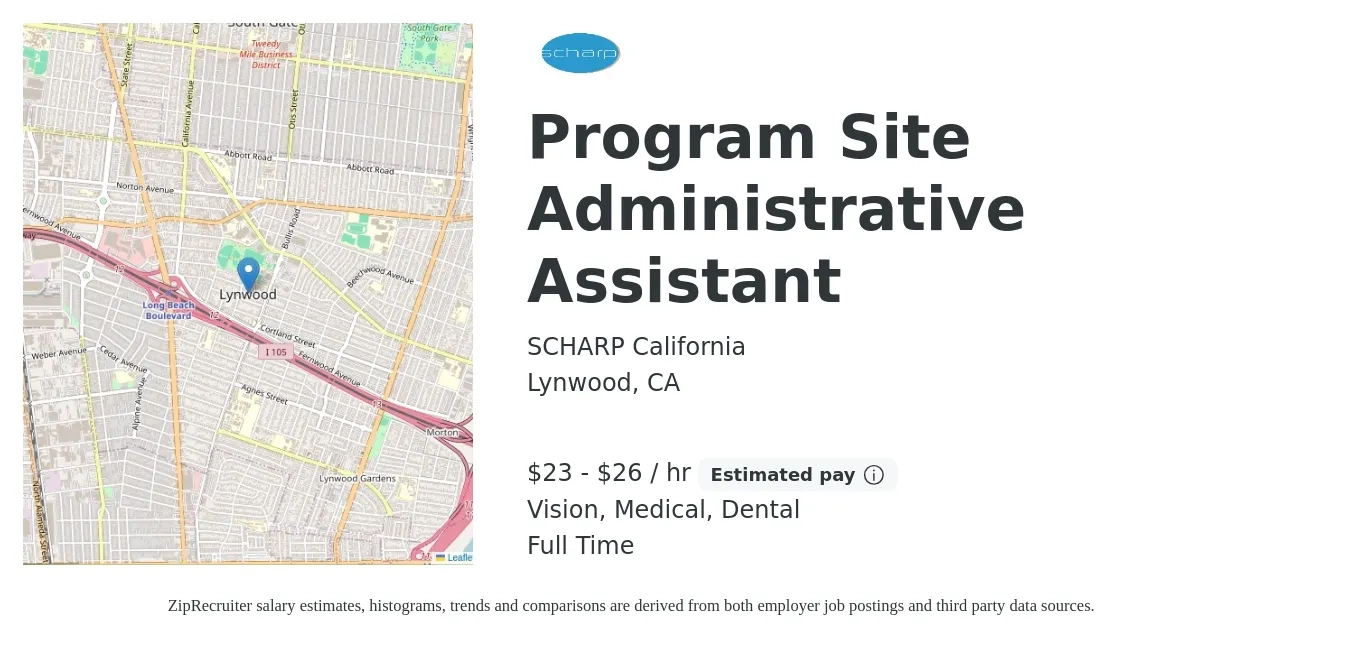 SCHARP California job posting for a Program Site Administrative Assistant in Lynwood, CA with a salary of $20 Hourly and benefits including retirement, vision, dental, life_insurance, and medical with a map of Lynwood location.