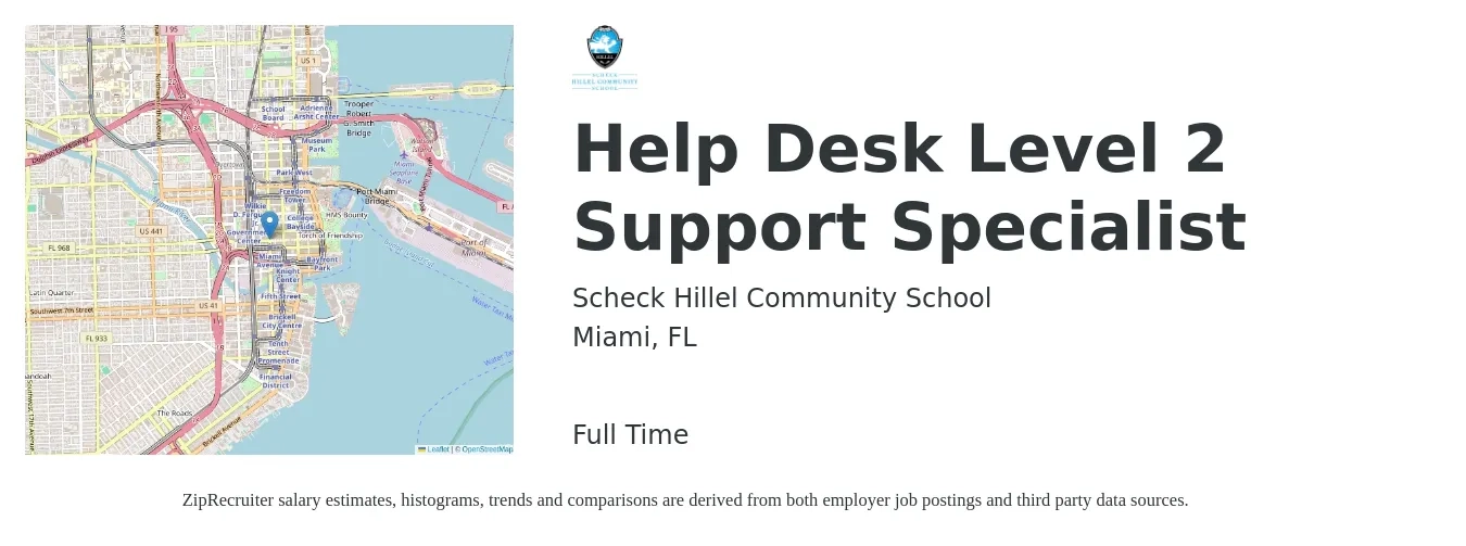 Scheck Hillel Community School job posting for a Help Desk Level 2 Support Specialist in Miami, FL with a salary of $20 to $29 Hourly with a map of Miami location.