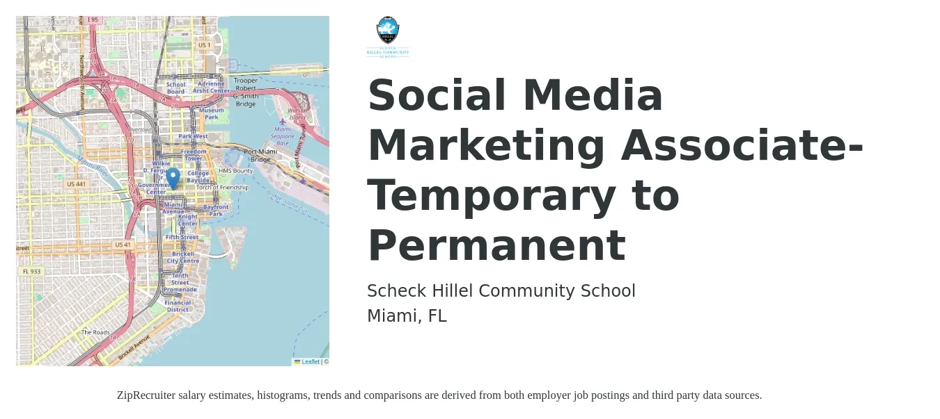 Scheck Hillel Community School job posting for a Social Media Marketing Associate- Temporary to Permanent in Miami, FL with a salary of $40,200 to $55,500 Yearly with a map of Miami location.