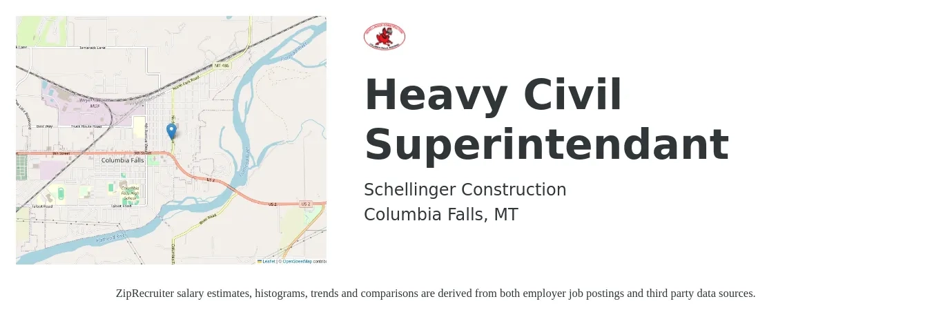 Schellinger Construction job posting for a Heavy Civil Superintendant in Columbia Falls, MT with a salary of $74,200 to $112,300 Yearly with a map of Columbia Falls location.
