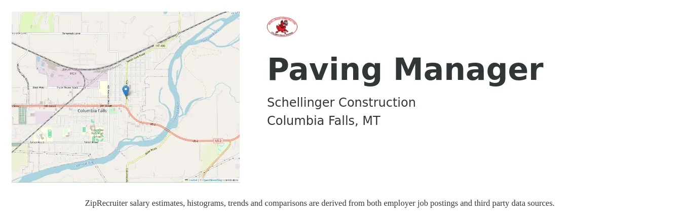 Schellinger Construction job posting for a Paving Manager in Columbia Falls, MT with a salary of $45,800 to $106,800 Yearly with a map of Columbia Falls location.