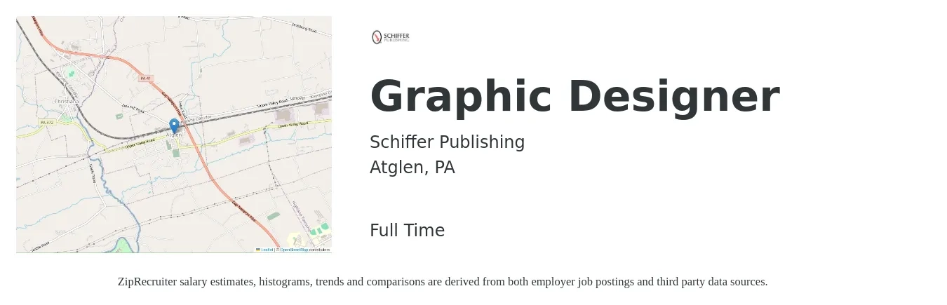Schiffer Publishing job posting for a Graphic Designer in Atglen, PA with a salary of $45,000 Yearly with a map of Atglen location.