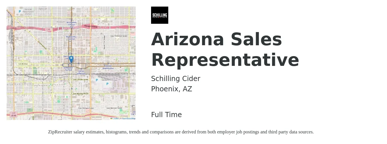 Schilling Cider job posting for a Arizona Sales Representative in Phoenix, AZ with a salary of $53,100 to $92,300 Yearly with a map of Phoenix location.