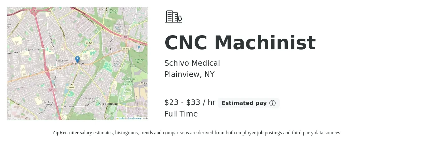 Schivo Medical job posting for a CNC Machinist in Plainview, NY with a salary of $28 to $34 Hourly with a map of Plainview location.