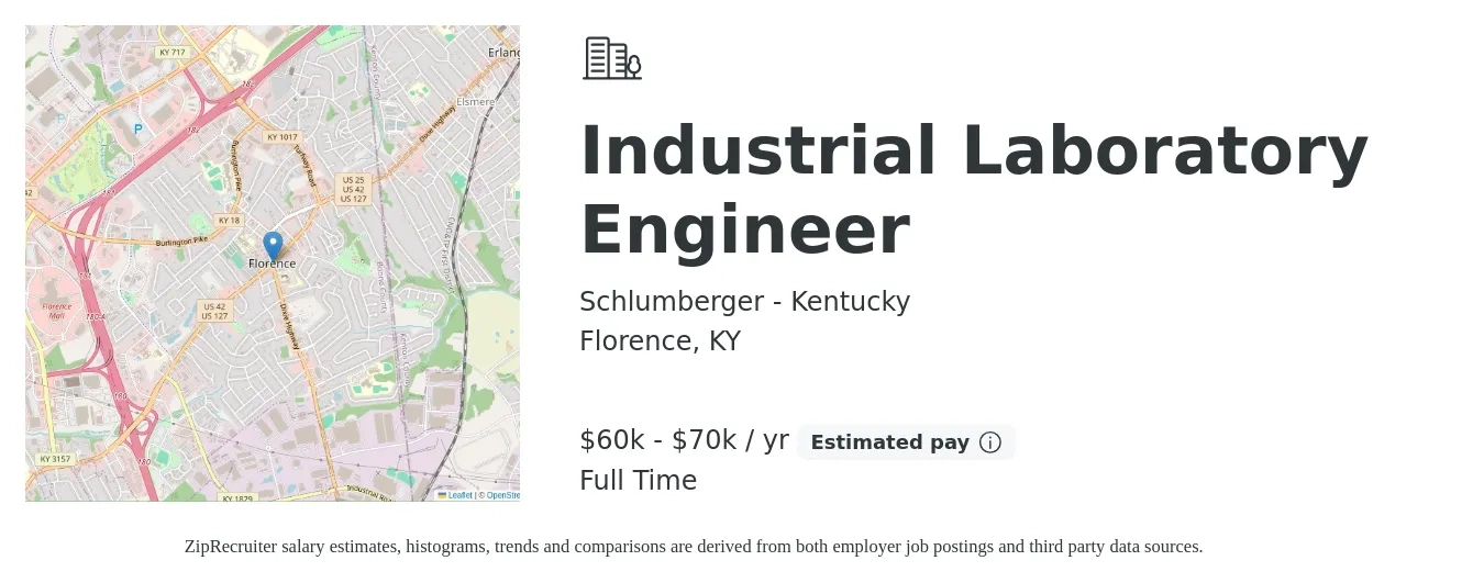 Schlumberger - Kentucky job posting for a Industrial Laboratory Engineer in Florence, KY with a salary of $60,000 to $70,000 Yearly with a map of Florence location.