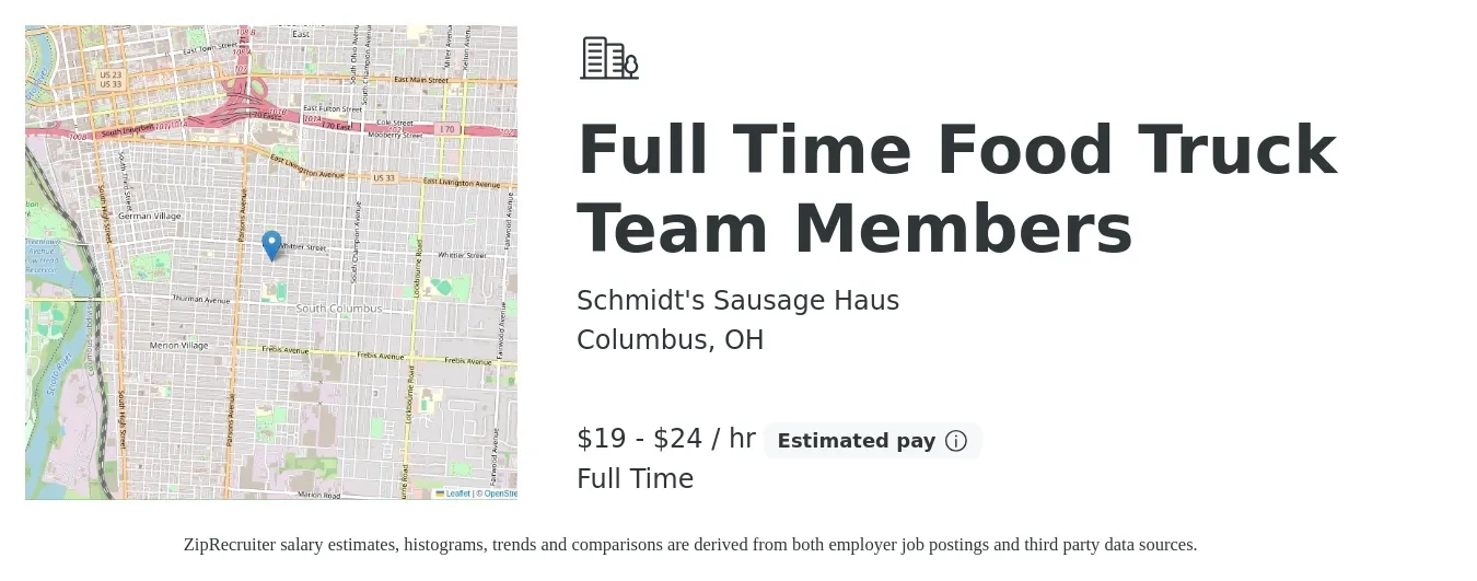 Schmidt's Sausage Haus job posting for a Full Time Food Truck Team Members in Columbus, OH with a salary of $20 to $25 Hourly with a map of Columbus location.