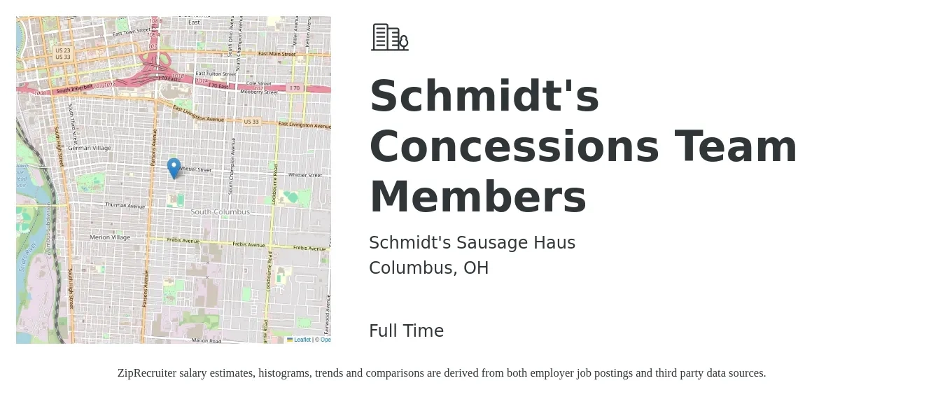 Schmidt's Sausage Haus job posting for a Schmidt's Concessions Team Members in Columbus, OH with a salary of $14 Hourly with a map of Columbus location.
