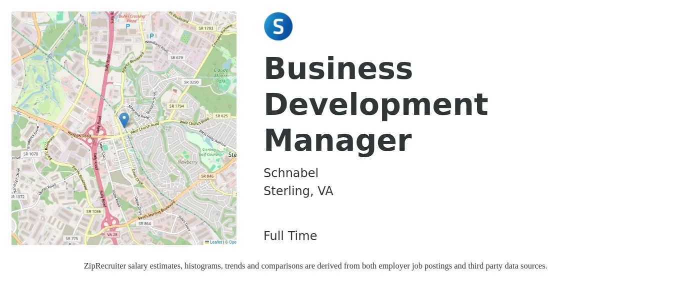 Schnabel job posting for a Business Development Manager in Sterling, VA with a salary of $61,600 to $101,000 Yearly with a map of Sterling location.