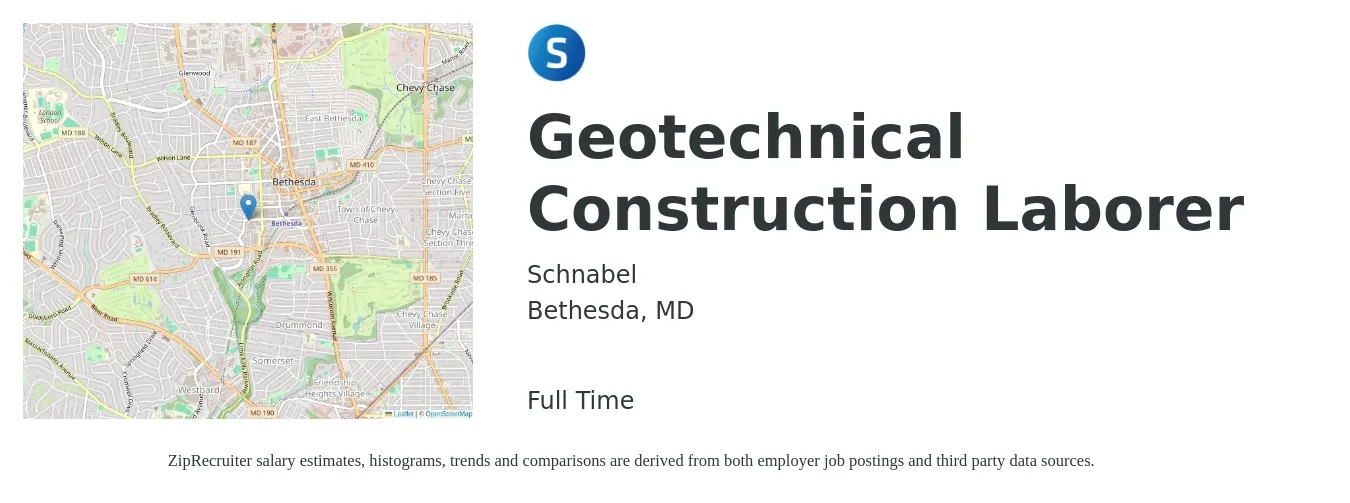 Schnabel job posting for a Geotechnical Construction Laborer in Bethesda, MD with a salary of $18 to $24 Hourly with a map of Bethesda location.