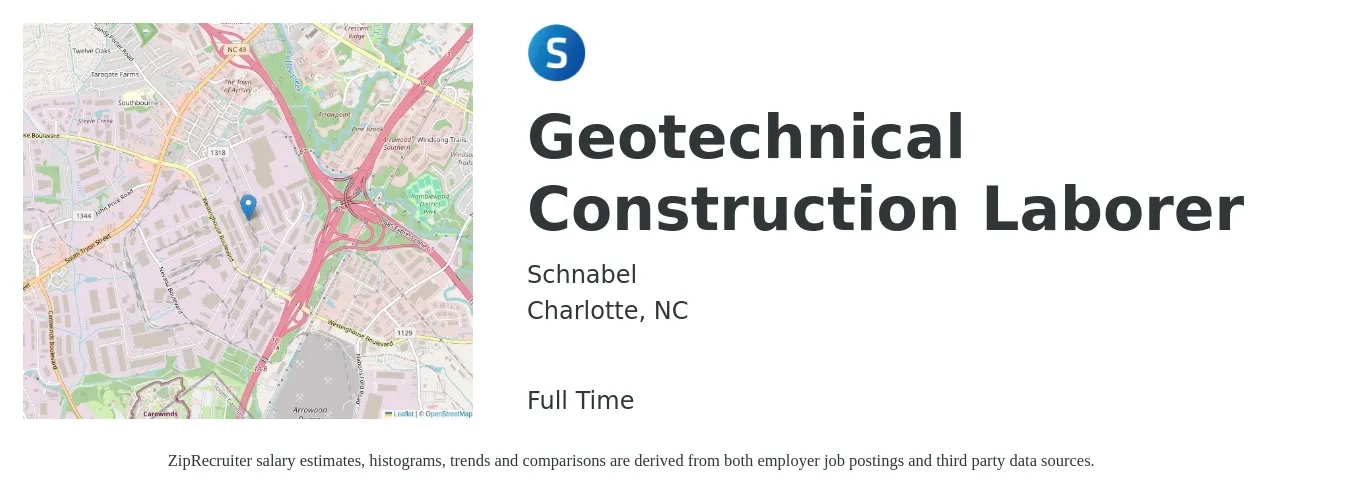 Schnabel job posting for a Geotechnical Construction Laborer in Charlotte, NC with a salary of $16 to $21 Hourly with a map of Charlotte location.