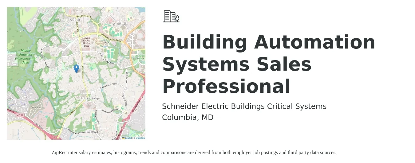 Schneider Electric Buildings Critical Systems job posting for a Building Automation Systems Sales Professional in Columbia, MD with a salary of $77,800 to $121,100 Yearly with a map of Columbia location.
