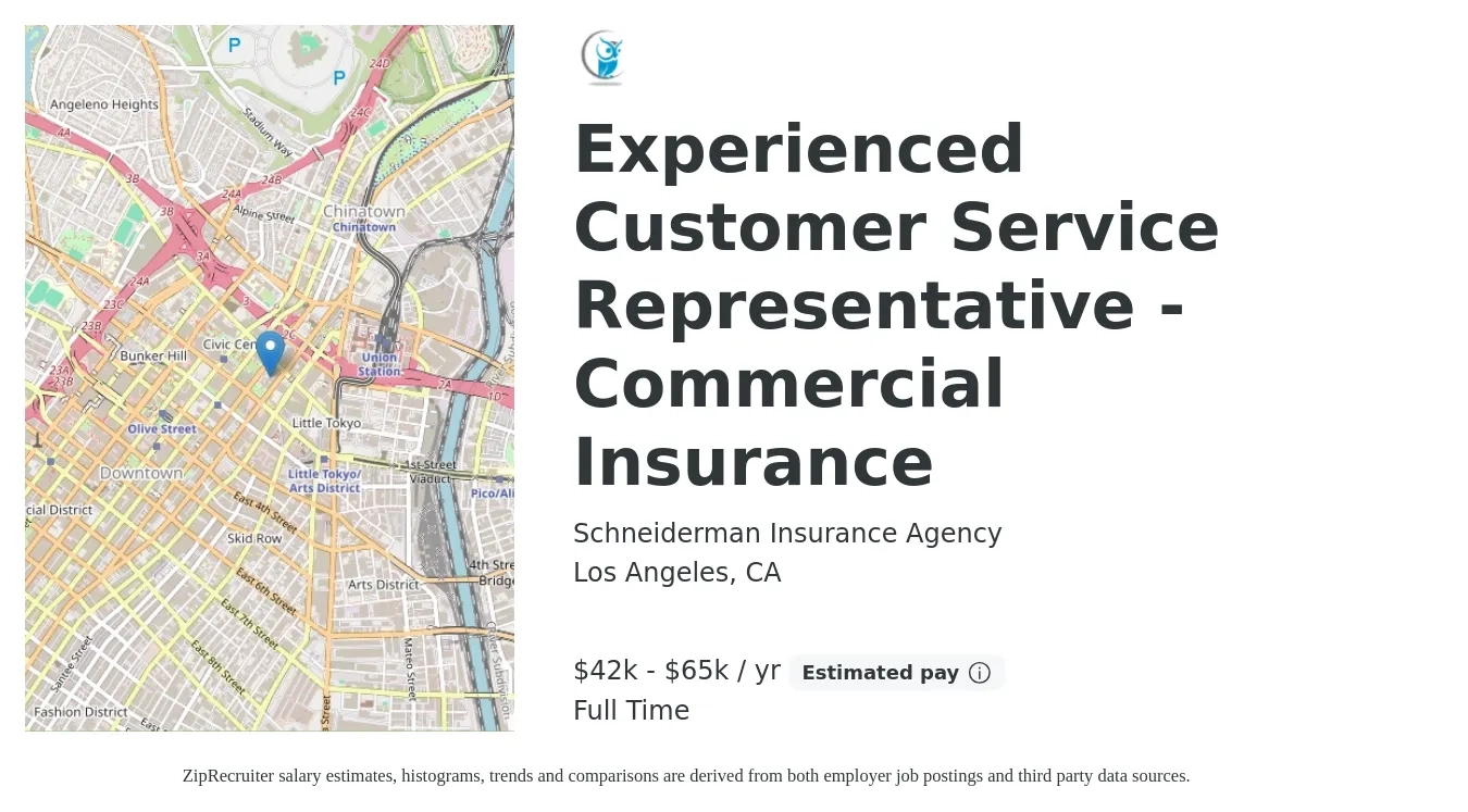 Schneiderman Insurance Agency job posting for a Experienced Customer Service Representative - Commercial Insurance in Los Angeles, CA with a salary of $42,000 to $65,000 Yearly with a map of Los Angeles location.