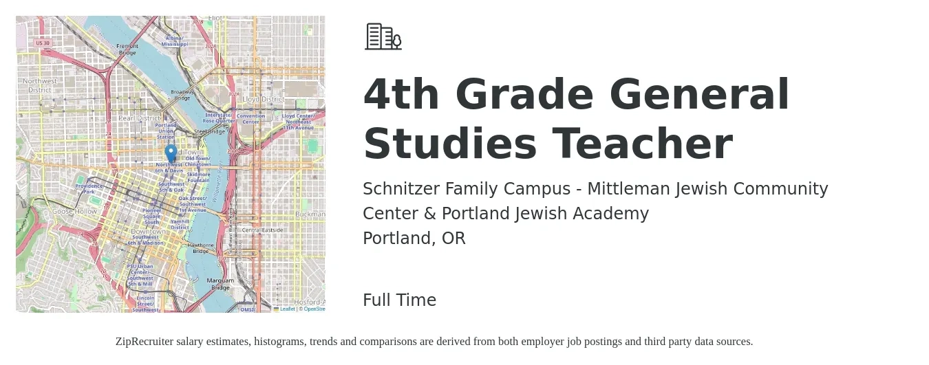 Schnitzer Family Campus - Mittleman Jewish Community Center & Portland Jewish Academy job posting for a 4th Grade General Studies Teacher in Portland, OR with a salary of $46,600 to $60,300 Yearly with a map of Portland location.