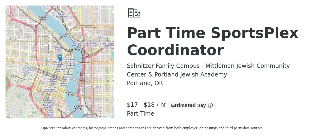 Schnitzer Family Campus - Mittleman Jewish Community Center & Portland Jewish Academy job posting for a Part Time SportsPlex Coordinator in Portland, OR with a salary of $18 to $19 Hourly with a map of Portland location.