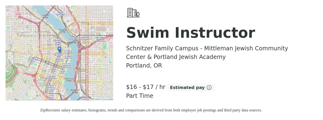 Schnitzer Family Campus - Mittleman Jewish Community Center & Portland Jewish Academy job posting for a Swim Instructor in Portland, OR with a salary of $17 to $18 Hourly with a map of Portland location.