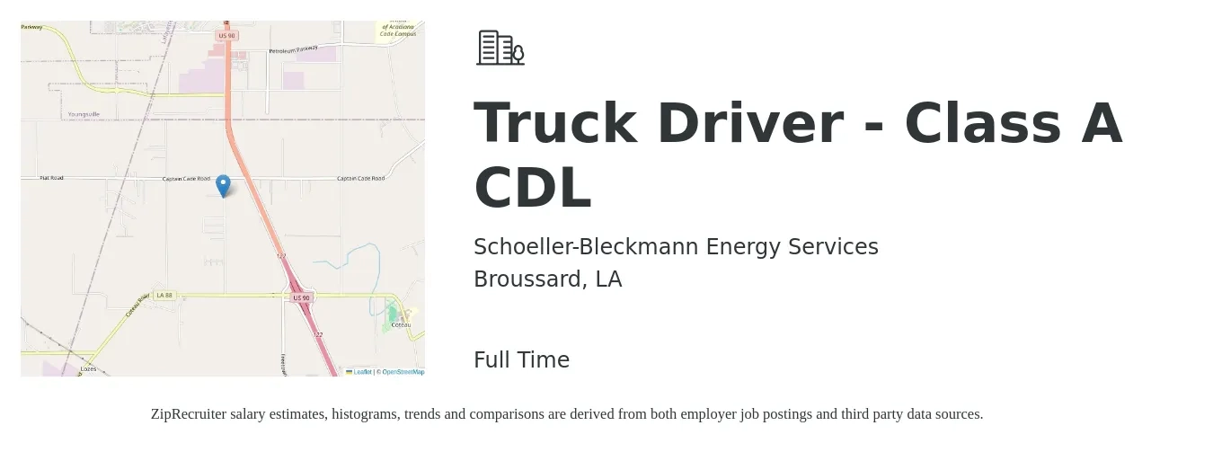 Schoeller-Bleckmann Energy Services job posting for a Truck Driver - Class A CDL in Broussard, LA with a salary of $990 to $1,440 Weekly with a map of Broussard location.