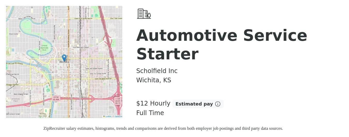 Scholfield Inc job posting for a Automotive Service Starter in Wichita, KS with a salary of $13 Hourly with a map of Wichita location.