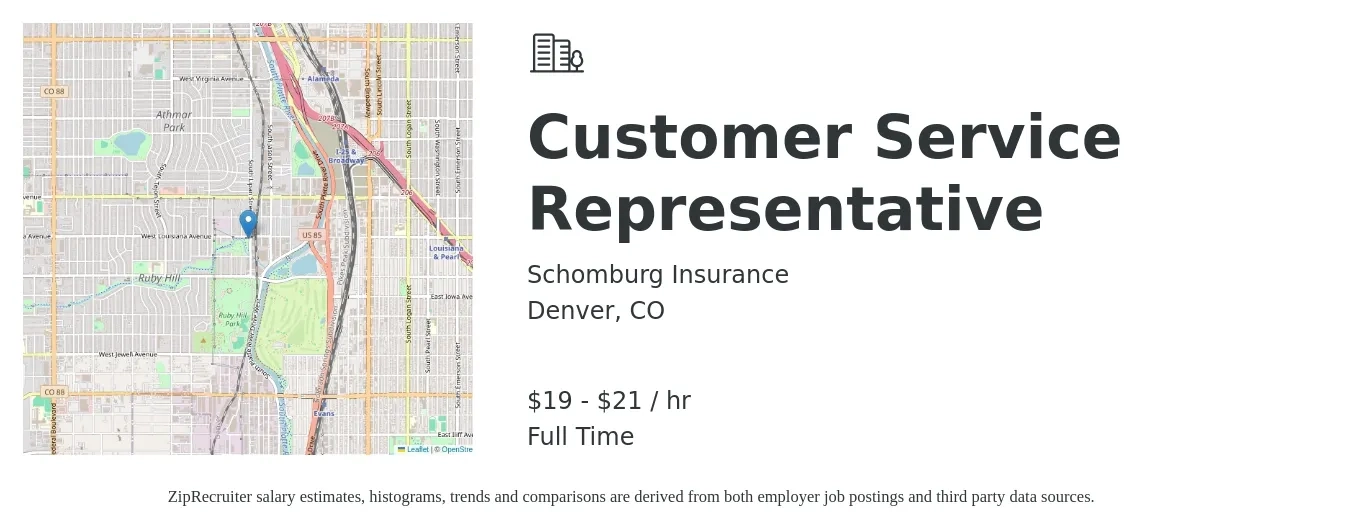 Schomburg Insurance job posting for a Customer Service Representative in Denver, CO with a salary of $20 to $22 Hourly with a map of Denver location.