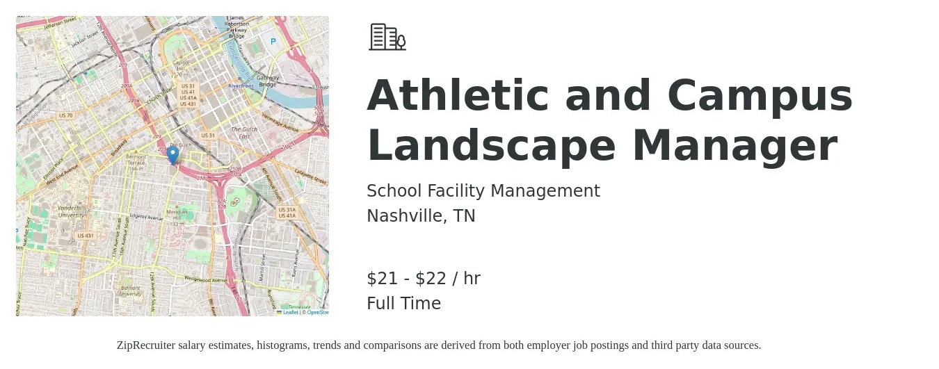 School Facility Management job posting for a Athletic and Campus Landscape Manager in Nashville, TN with a salary of $25 to $26 Hourly with a map of Nashville location.