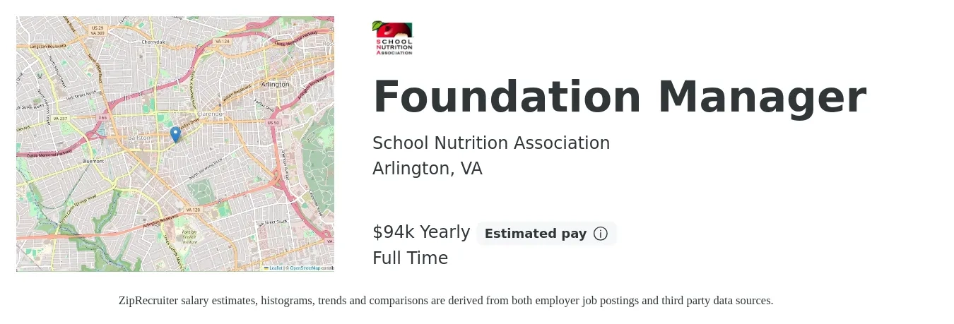 School Nutrition Association job posting for a Foundation Manager in Arlington, VA with a salary of $94,000 Yearly with a map of Arlington location.