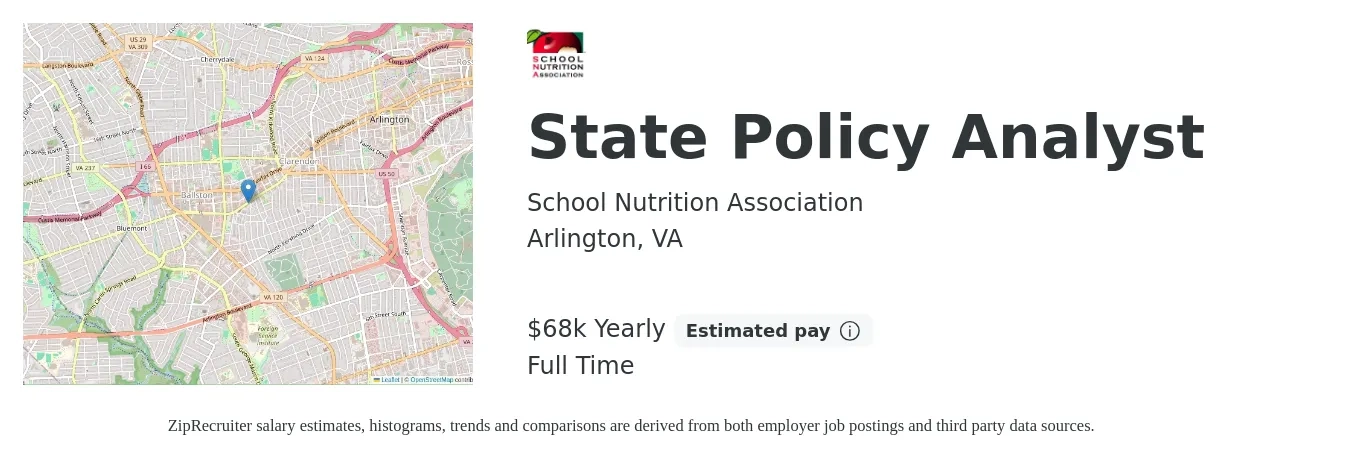 School Nutrition Association job posting for a State Policy Analyst in Arlington, VA with a salary of $68,000 Yearly with a map of Arlington location.