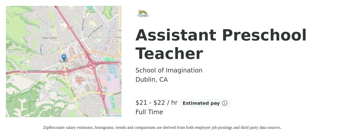 School of Imagination job posting for a Assistant Preschool Teacher in Dublin, CA with a salary of $22 to $23 Hourly with a map of Dublin location.