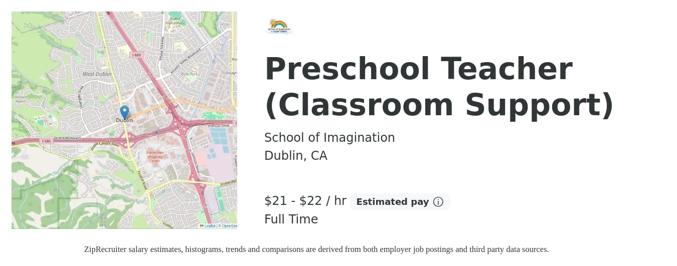 School of Imagination job posting for a Preschool Teacher (Classroom Support) in Dublin, CA with a salary of $22 to $23 Hourly with a map of Dublin location.