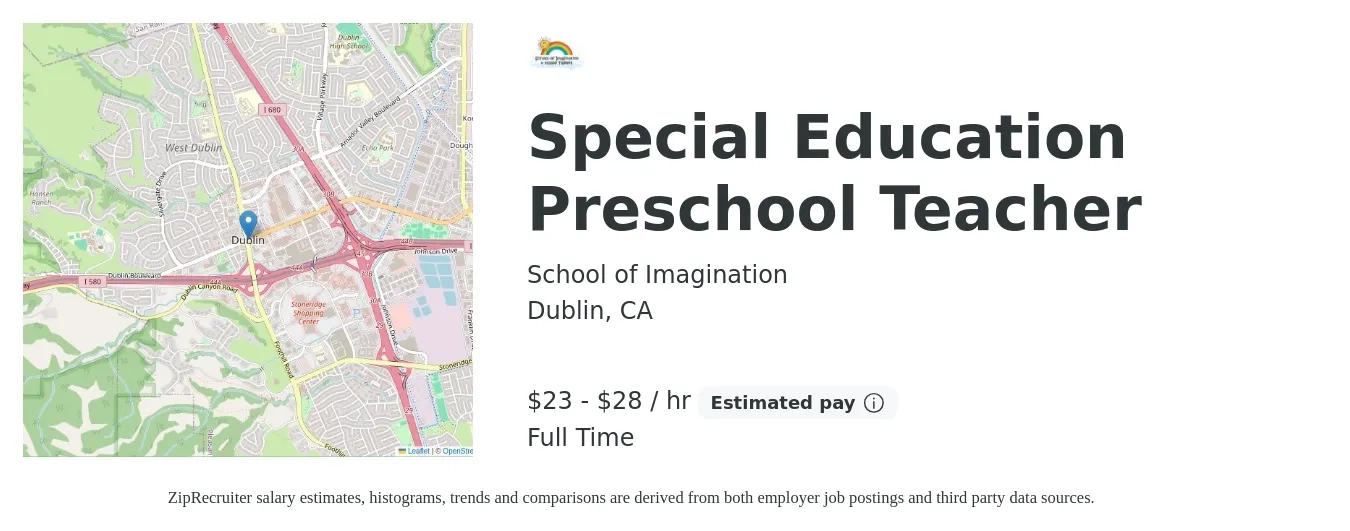 School of Imagination job posting for a Special Education Preschool Teacher in Dublin, CA with a salary of $24 to $30 Hourly with a map of Dublin location.