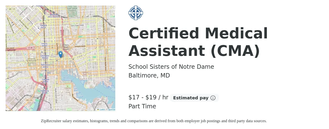 School Sisters of Notre Dame job posting for a Certified Medical Assistant (CMA) in Baltimore, MD with a salary of $18 to $20 Hourly with a map of Baltimore location.