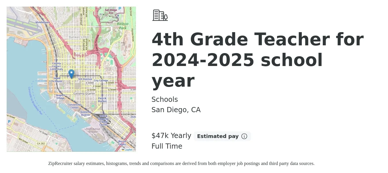 Schools job posting for a 4th Grade Teacher for 2024-2025 school year in San Diego, CA with a salary of $47,000 Yearly with a map of San Diego location.