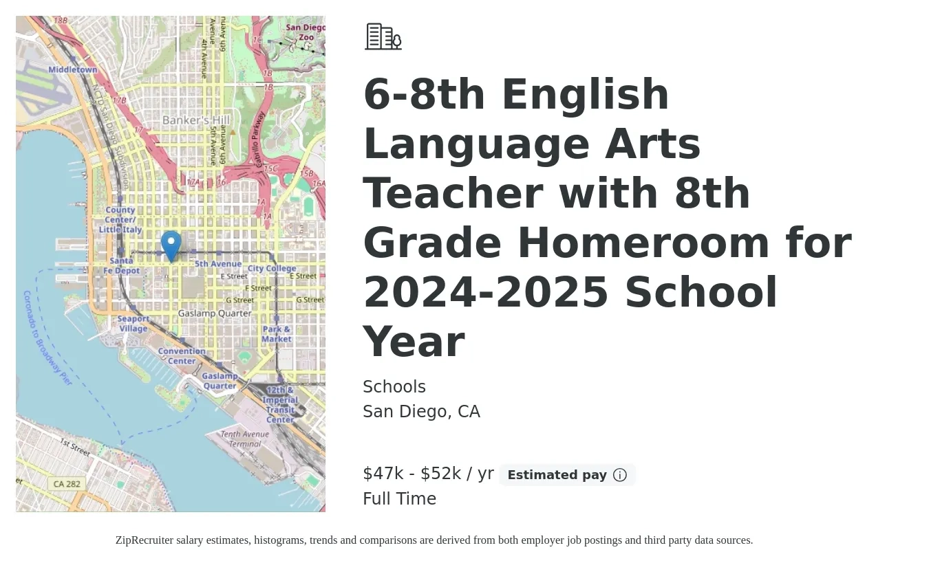 Schools job posting for a 6-8th English Language Arts Teacher with 8th Grade Homeroom for 2024-2025 School Year in San Diego, CA with a salary of $47,000 to $52,000 Yearly with a map of San Diego location.