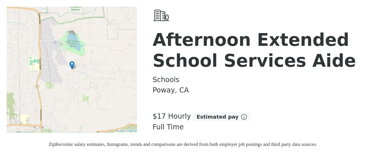 Schools job posting for a Afternoon Extended School Services Aide in Poway, CA with a salary of $18 Hourly with a map of Poway location.