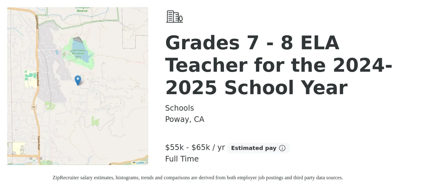 Schools job posting for a Grades 7 - 8 ELA Teacher for the 2024-2025 School Year in Poway, CA with a salary of $55,000 to $65,000 Yearly with a map of Poway location.