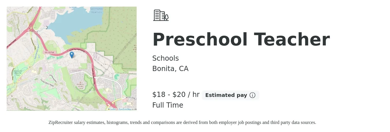 Schools job posting for a Preschool Teacher in Bonita, CA with a salary of $20 to $22 Hourly with a map of Bonita location.
