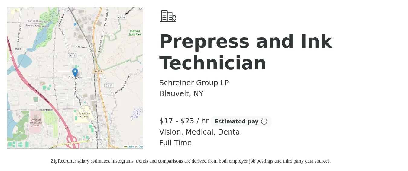 Schreiner Group LP job posting for a Prepress and Ink Technician in Blauvelt, NY with a salary of $18 to $24 Hourly and benefits including vision, dental, life_insurance, medical, and retirement with a map of Blauvelt location.