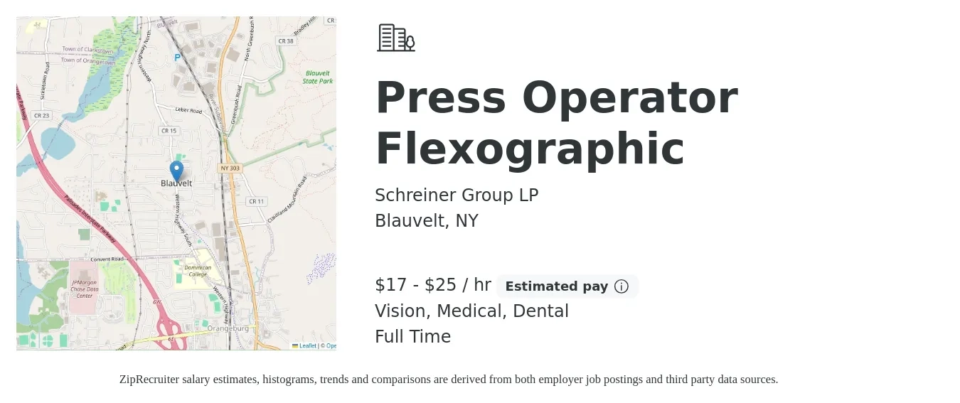 Schreiner Group LP job posting for a Press Operator Flexographic in Blauvelt, NY with a salary of $18 to $26 Hourly and benefits including dental, life_insurance, medical, pto, retirement, and vision with a map of Blauvelt location.
