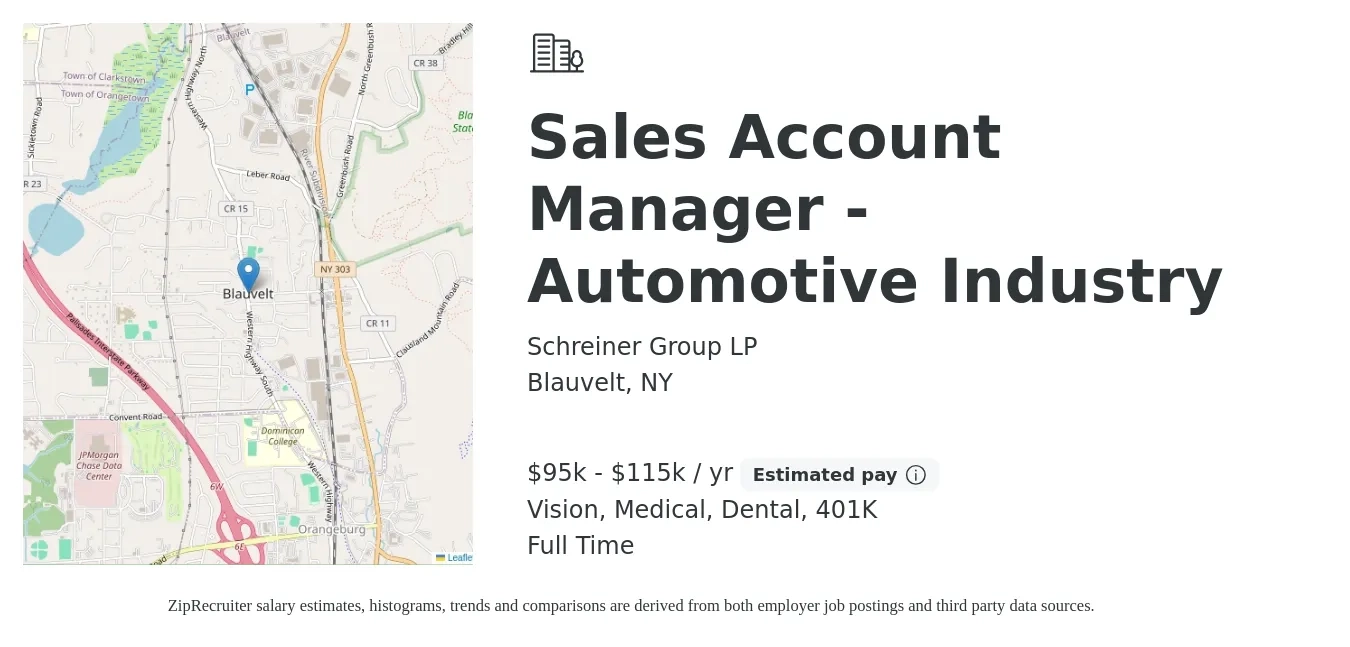 Schreiner Group LP job posting for a Sales Account Manager - Automotive Industry in Blauvelt, NY with a salary of $95,000 to $115,000 Yearly (plus commission) and benefits including 401k, dental, life_insurance, medical, and vision with a map of Blauvelt location.