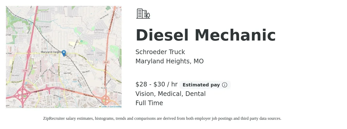 Schroeder Truck job posting for a Diesel Mechanic in Maryland Heights, MO with a salary of $29 to $31 Hourly and benefits including retirement, vision, dental, and medical with a map of Maryland Heights location.