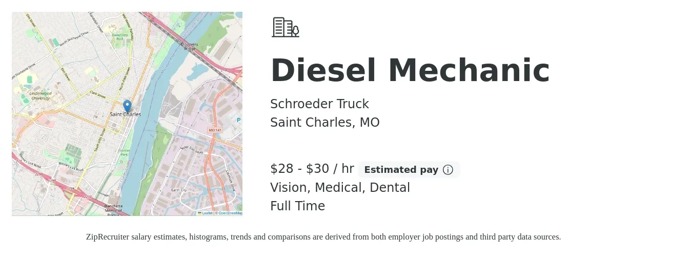Schroeder Truck job posting for a Diesel Mechanic in Saint Charles, MO with a salary of $29 to $31 Hourly and benefits including medical, retirement, vision, and dental with a map of Saint Charles location.