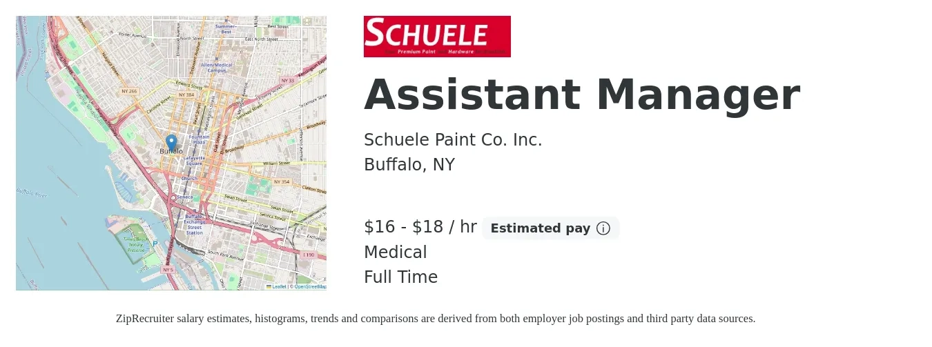Schuele Paint Co. Inc. job posting for a Assistant Manager in Buffalo, NY with a salary of $17 to $19 Hourly and benefits including pto, retirement, life_insurance, and medical with a map of Buffalo location.