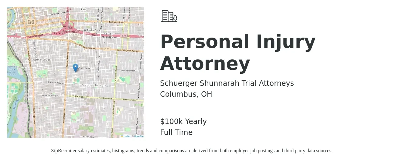 Schuerger Shunnarah Trial Attorneys job posting for a Personal Injury Attorney in Columbus, OH with a salary of $100,000 Yearly with a map of Columbus location.