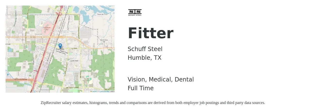 Schuff Steel job posting for a Fitter in Humble, TX with a salary of $16 to $22 Hourly and benefits including retirement, vision, dental, life_insurance, medical, and pto with a map of Humble location.