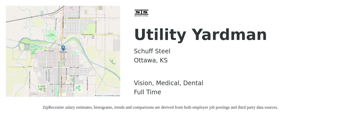 Schuff Steel job posting for a Utility Yardman in Ottawa, KS with a salary of $14 to $17 Hourly and benefits including dental, life_insurance, medical, retirement, and vision with a map of Ottawa location.