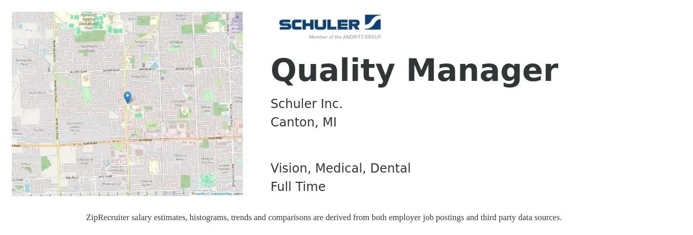 Schuler Inc. job posting for a Quality Manager in Canton, MI with a salary of $65,300 to $101,900 Yearly and benefits including dental, life_insurance, medical, retirement, and vision with a map of Canton location.