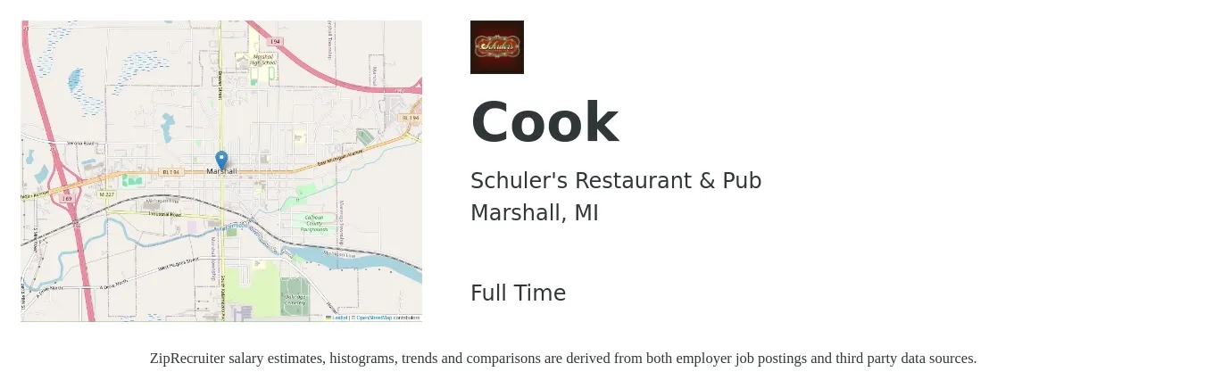 Schuler's Restaurant & Pub job posting for a Cook in Marshall, MI with a salary of $14 to $18 Hourly with a map of Marshall location.